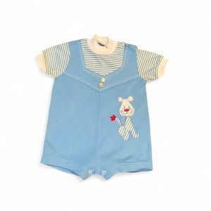 Vintage 1970s Blue Baby Romper with Bear Embroidery